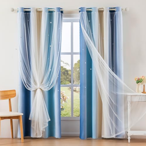 Image of indistar Dreamy Star Cutout Blackout Curtains with White Sheer,Double Layer Curtains for Girls Bedroom, Hollow Out Drapes for Nursery (2 Panel,52Wx72L,Pastel Blue)
