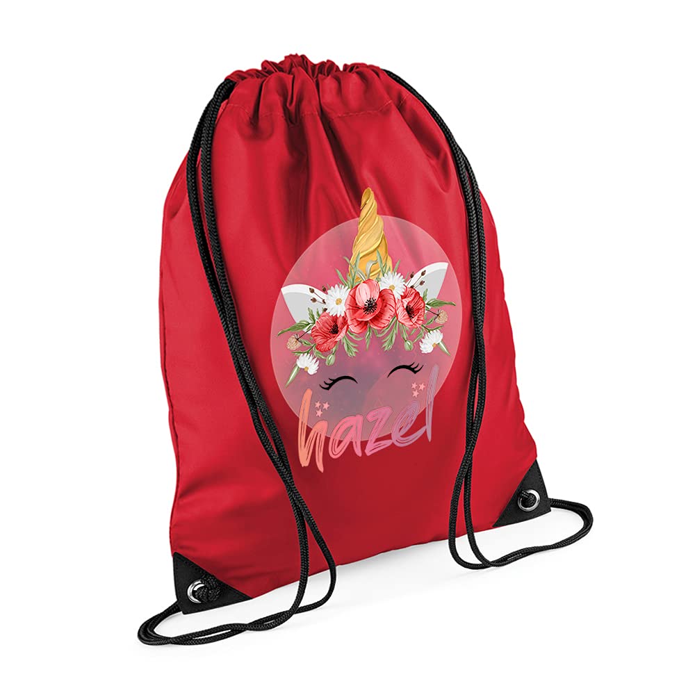 Personalised Unicorn Magicaly Stars Crown Castle Floral Girl ANY NAME Kids Birthda Back To School Drawstring Bag, PE Gym Kit, Swimming Rucksack. (Classic Red)