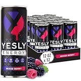 Yesly Energy Drink, Mixed Berry, Naturally Flavored Sparkling Energy Drink With Electrolytes, Magnesium, Potassium, Vitamin C, B6 & B12, Natural Caffeine From Green Tea, 12 Fl Oz Cans, 12 Pack