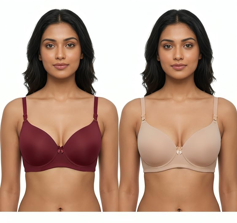 Image of Imsa Moda Women's Stretchable Lightweight Lightly Padded Full Coverage Wire Free T-Shirt Bra Combo Pack of 2