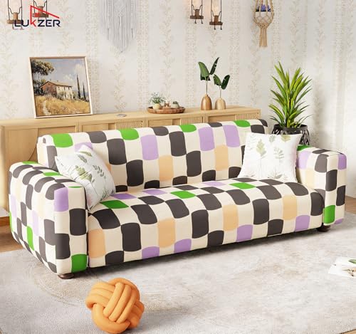 Image of Lukzer 3 Seater Multi Color Square Universal Sofa Cover | 360 Fully Covered Anti-Slip Washable Couch Cover Protecter | 140 GSM Stretch Fit Polyester + Spandex Slipcover (180-230cm /SC-041-03)