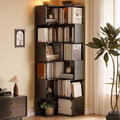 Estantes esquineros de madera maciza, estantería multicapa que ahorra espacio con bordes redondos y sujetalibros externos, elegante unidad de almacenamiento para libros y decoración del hogar (70.9