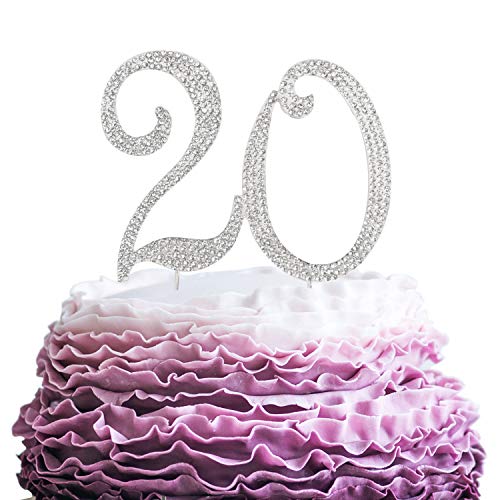 LINGPAR 20 Years Birthday Cake Topper - New Best Crystal Rhinestone 20th Wedding Anniversary Or 20 Years Old Cake Topper Party Decoration Silver