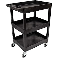 LUXOR EC111-B Heavy Duty Plastic Utility Cart, 32" x 18" Rolling Tub Cart with Three Shelves, 300 lbs. Capacity, Ergonomic Push Handle, Black