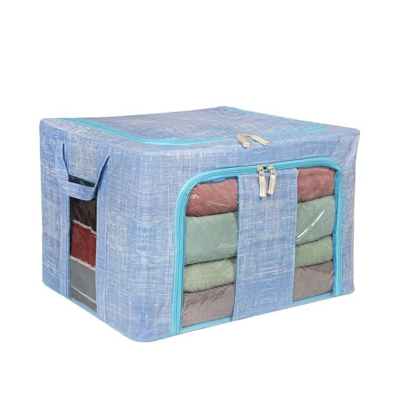 Trend wave Fabric 66 Ltr Clothes Storage Box with Carry Handles Foldable Living Boxes for Clothes Wardrobe Under Bed Closets Bedding Cloth Storage Organiser Bag Saree Cover (66L Denim Blue)-image-49