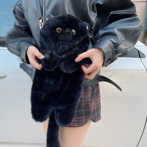 HUIJUFU Realistische geschwollene Plüsch-Umhängetasche in Katzenform, für Damen, Schwarz