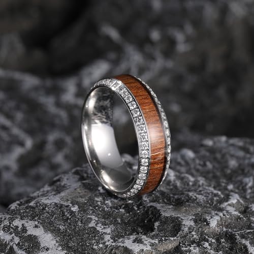 Engraved Personalized Titanium Wedding Rings for Men Cubic Zirconia Inlay Hawaiian Koa Wood Engagement Ring Eternity Band High Polished Band Comfort Fit Size 7-124