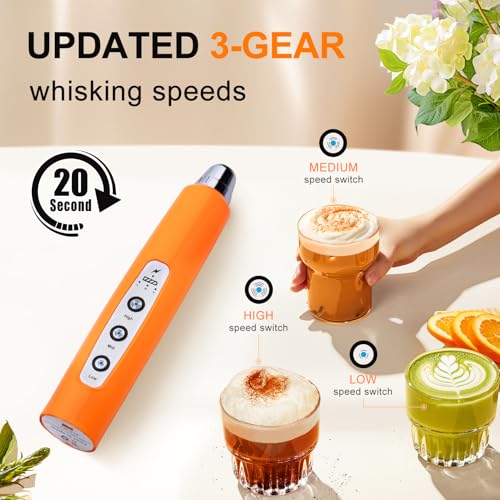 Image of YUSWKO Fluorescence Orange Handheld Milk Frother Wand for Coffee, Rechargeable Electric Whisk with 3 Heads 3 Speeds Drink Mixer Coffee Frother For Latte, Cappuccino, Hot Chocolate, Egg
