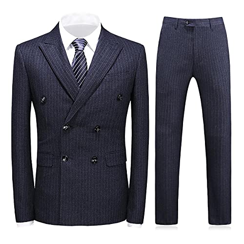 KUDORO Mens Suits 3 Piece Slim Fit Suit Double Breasted Pinstripe Suit Formal Wedding Tuxedo Suit