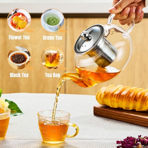 Image of Baalaka Glass Teapot Stovetop 20 OZ /600ml, Tea pot with Removable 18 /8 Stainless Steel Infuser, Borosilicate Clear Tea Kettle, Teapot Blooming and Loose Leaf Tea Maker Tea Brewer for Camping, Travel