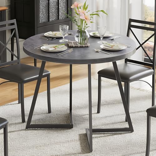 Image of VECELO 35 inch Round Dining Table for 4, Wood-Grain Tabletop & Heavy-Duty Steel Frame, for Kitchen, Living Room, Easy Assembly, Light Grey