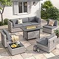 MAISON BACKYARDS 6-Seat Modern Outdoor Wicker Rattan Patio Furniture Set with 55,000 BTU Fire Pit Table, Thick 4? Cushions, All-Weather Dual-Strand Rattan, Rust-Resistant Steel Frame,Black