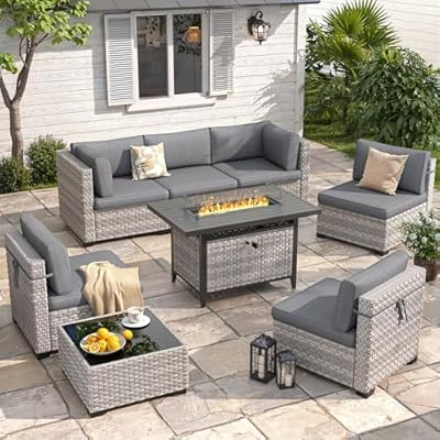 MAISON BACKYARDS 6-Seat Modern Outdoor Wicker Rattan Patio Furniture Set with 55,000 BTU Fire Pit Table, Thick 4? Cushions, All-Weather Dual-Strand Rattan, Rust-Resistant Steel Frame,Black