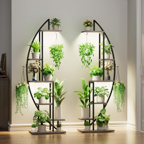 Image of BACEKOLL Plant Stand Indoor with Grow Lights, 6 Tiered Tall Plant Shelf, 63 inch Metal Plant Stand for Indoor Plants Multiple, Half-Moon Plant Rack Display Shelf, 2 Pcs Plant Holder for Living Room, Grey
