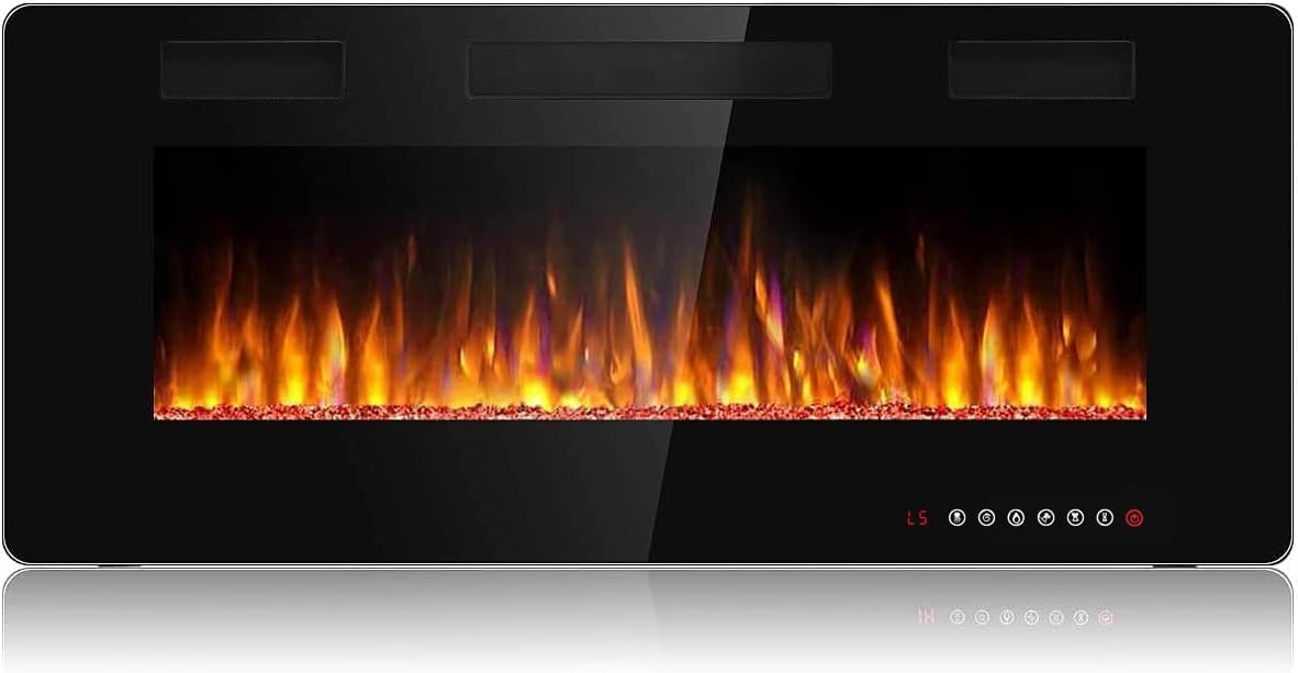 Waleaf Chimenea Eléctrica, 42"/106.6cm Chimeneas Electricas Decorativas con Calefacción, Efecto de Llama 3D, 12 Colores de Llama, Termostato 750/1500W, Chimenea Empotrada y Montada en Pared