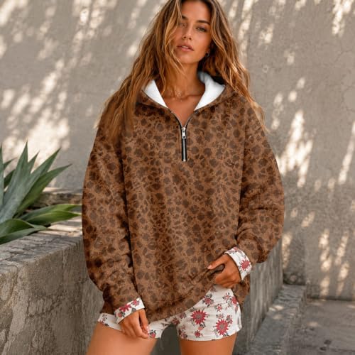 Jielayou Half Zip Pullover Women Leopard Oversized Trendy Hooded Sweatshirt - image 2