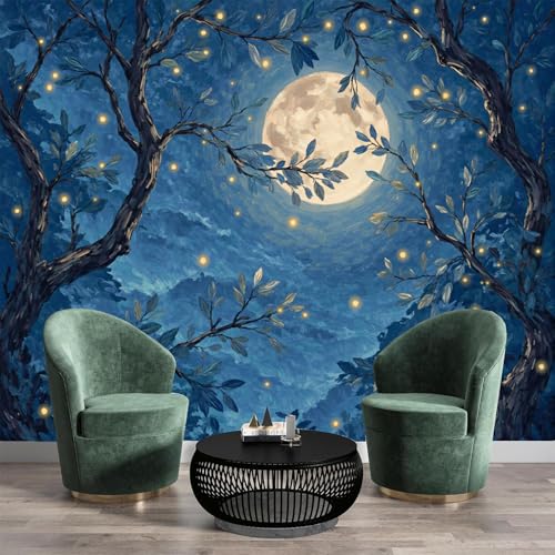 Mural 3D Luna Llena Azul 200x140 cm en Seda para Pared 2