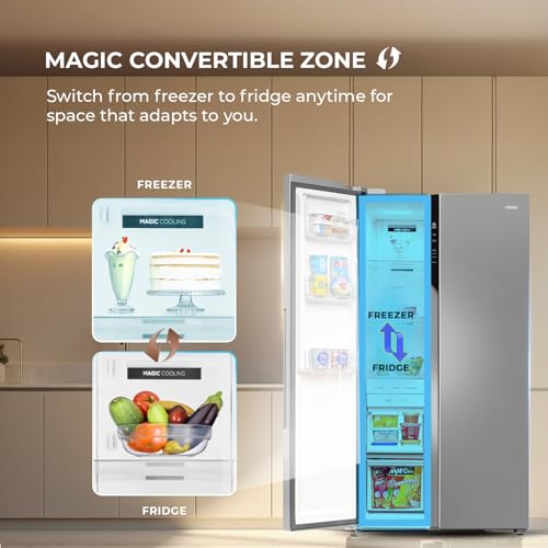 Image of Haier 596L 3Star 2 Door Side by Side Frost Free Refrigerator|100% Convertible|Expert Inverter|Digital Display Panel|Twist Ice Tray|Deo Fresh Technology (HES-690SS, Shiny Silver)
