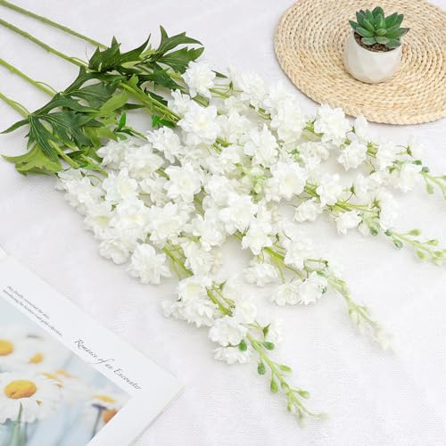 TOCHGREEN 4PCS White Delphinium Artificial Flowers 33.5'' Long Larkspur Stem Plant Lifelike Faux Floral Silk Flowers Fake Flowers with Stems for Home Garden Tall Floor Outdoor Wedd image 2