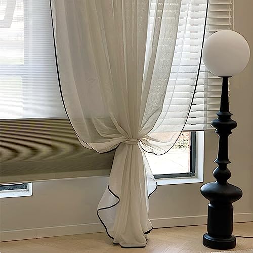 WAZZIO Rideaux en lin bohème avec filtre de lumière, longueur 240 cm, 2 panneaux, avec passe-tringle, style moderne, couleur beige et noir, avec bordure pour...