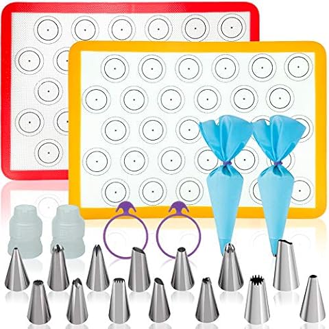 Tailpa Macaron Baking Kit Silicone Mat(22 Pcs Set), Macaron Baking Supplies, Baking Set of 2 Half Sheet Macaron Silicone Mats (16.5"x11.5"), 14 Piping Tip, 2 Piping Bag,2 Bag Tie, 2 Coupler Cover