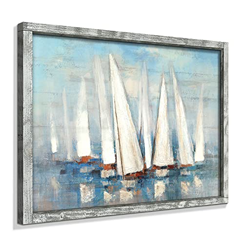 Coastal Framed Painting Wall Art: Abstract Ocean Artwork Seascape Picture Sailboat Prints on Wood in Modern Style for Bedroom 32"x24"