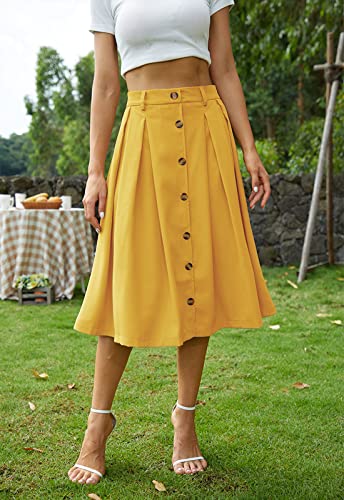 HERBATOMIA Midi Skirt Elastic Waist Button Front Casual Flared Long Skirts with Pocket for Women - Image 3