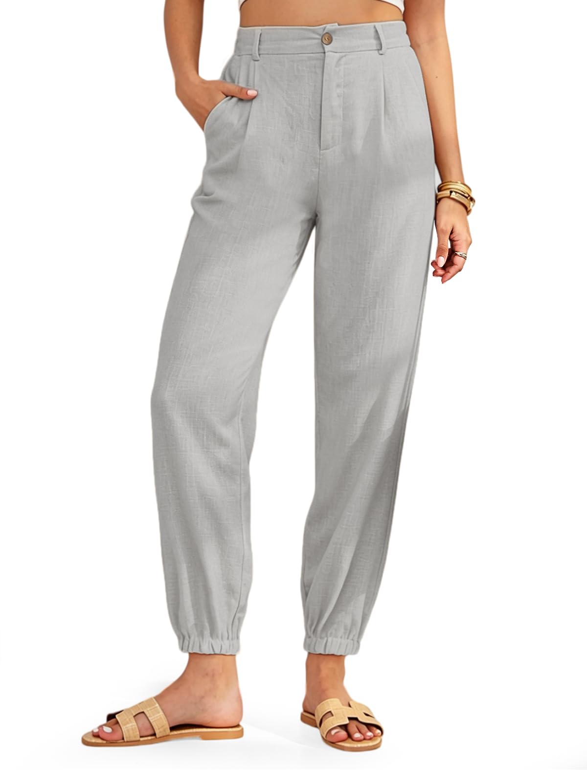 Leinenhose Damen Sommerhosen Damen Leicht und Luftig Musselin Hose Elastischer Bund Strandhose Elegante Sommerhose Freizeithose mit Reißverschluss und 2 Taschen für Tägliche Freizeit Büroarbeit Reisen