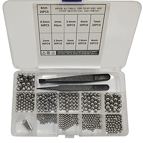 JJWNMLL 600 piezas 304 Rodamientos de bolas de acero de precisión de acero inoxidable 11 tamaños 2-8 mm, Bolas Limpiadoras, bolas agitadoras para ruedas, Bicicletas, 2 pinzas