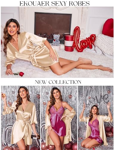 Image of Ekouaer Women's Satin Robe Valentines Lingerie for Women Kimono Bathrobe Short Ruffle Belted Robes Bridesmaids Sleepwear