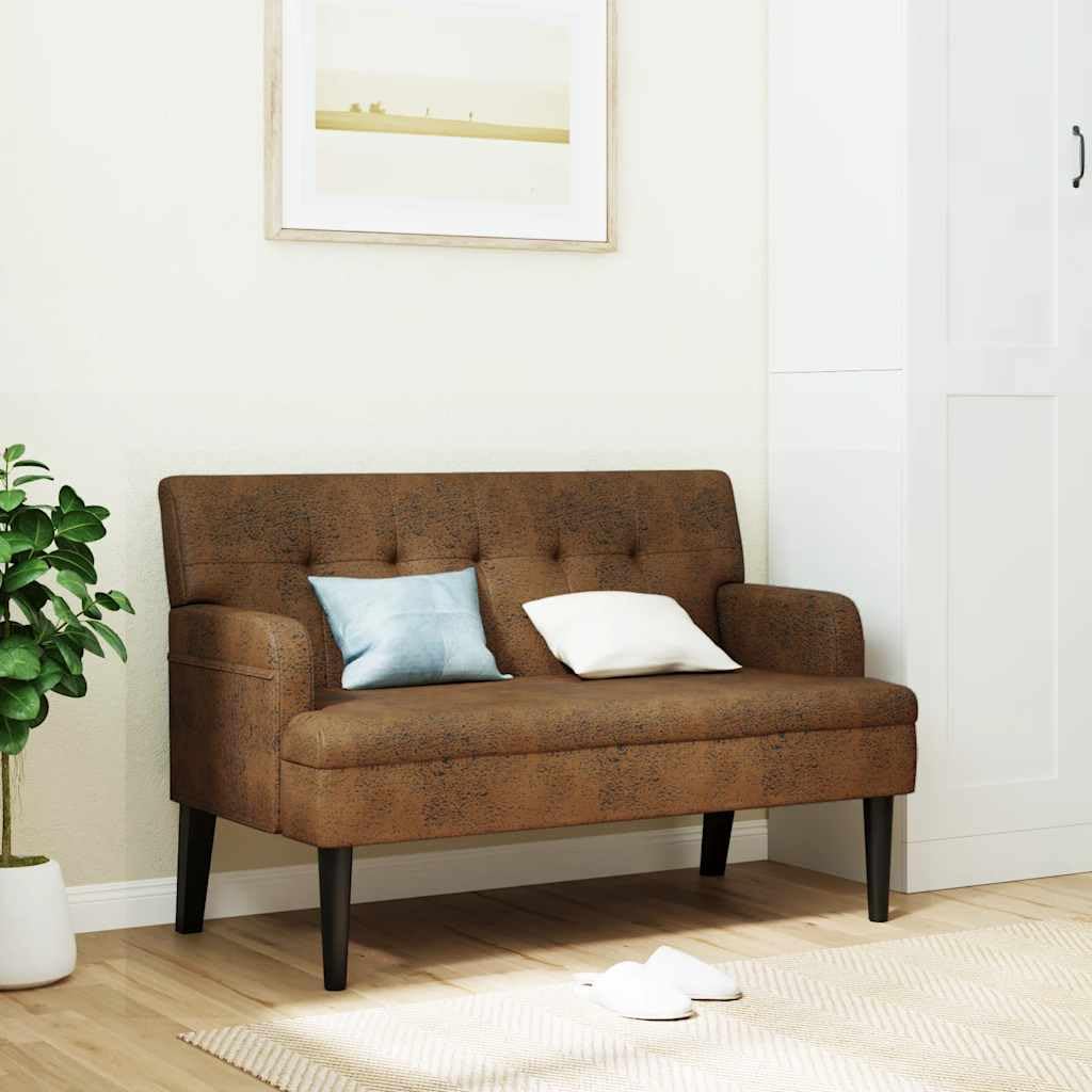 Sitzbank mit Rückenlehne Braun 112x65,5x75 cm Polsterbank in Wildleder-Optik, Elegante Küchenbank mit Armlehne, Flurbank mit Holzbeinen für Wohnzimmer und Büro