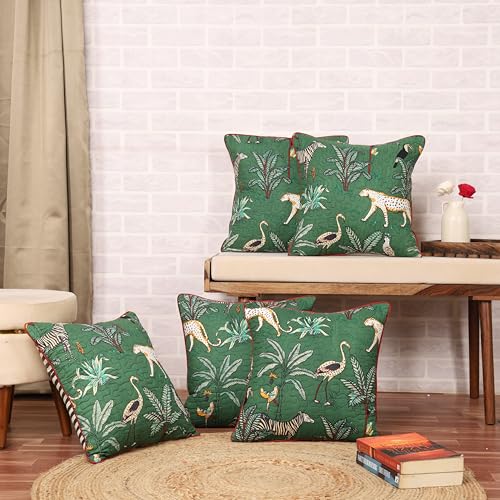 Image of Forest Theme Quilted Cushion Covers 16 inch x 16 inch Set of 5 Printed Square Cotton Throw Pillow Covers 40x40 cm Pack of 5 for Home Sofa Decoration