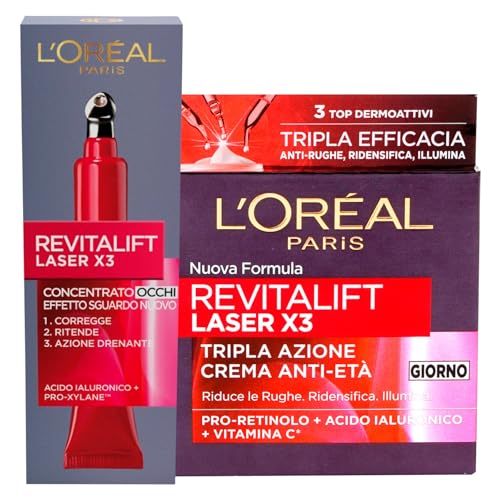 L'Oréal Paris Revitalift Laser X3 - Crema facial día antiedad, triple acción reafirmante iluminadora, pro-retinol, vitamina C + contorno ojos concentrado drenante, 2 tratamientos con ácido hialurónico