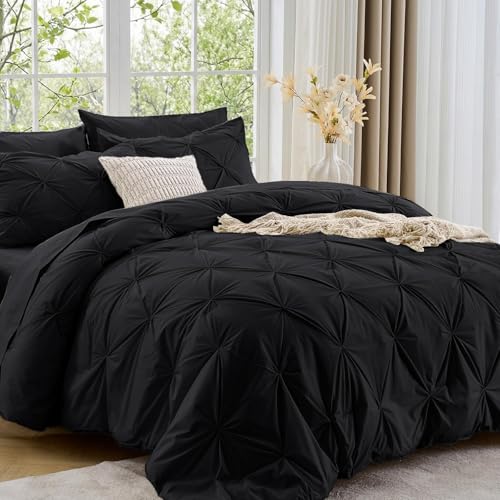 Image of Sasttie Queen Comforter Set, 7-Piece Bed in a Bag, Pintuck Bedding Sets for All Season, Includes Comforter, Flat Sheet, Fitted Sheet, Pillowcases and Pillowshams, Black