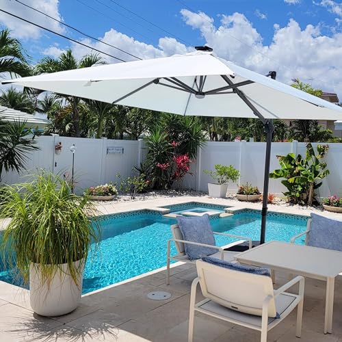 Image of PURPLE LEAF Cantilever Patio Umbrella 10' x 10' with Solar LED Light, White