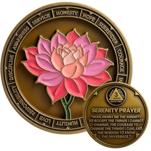 3 Year Lotus Sobriety Coin - Serenity Prayer AA Medallion Premium Recovery Token for Anniversaries Sponsor & Sponsee Gifts Three Years Sober Milestone Chip for Women and Men