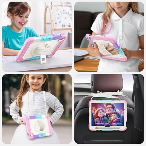 Image of SEYMAC Kids Case for iPad Air 11 Inch M4 / M3 / M2 (2026 /2025 / 2024), Heavy Duty Shockproof Protective Case with Screen Protector, Rotating Stand and Hand /Shoulder Strap, Colorful Pink