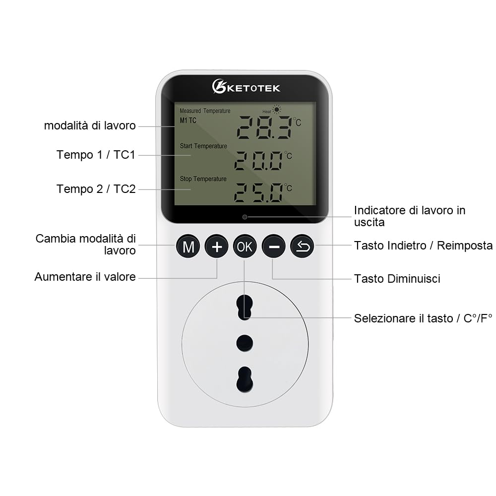 KETOTEK KT3200PRO Termostato eléctrico Toma de Corriente Controlador de Temperatura día-Noche Enchufe Ángulo de visión de 360 ​​° Calentador LCD Refrigeración Termostato de terrario para Reptiles