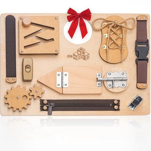 Image of deMoca Busy Board Montessori Toys for Toddlers, Sensory Wooden Toy with 10 Educational Activities to Develop Fine Motor Skills, Plane and Car Travel Toy for Toddlers Boys and Girls