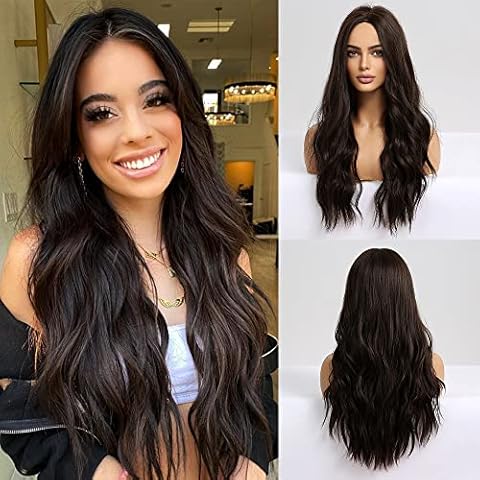 iShine Long Dark Brown Wigs for Women Synthetic Curly Wig Natural Hairline for Daily Party Use Middle Part Heat Resistant Fiber 24 Inch Cover