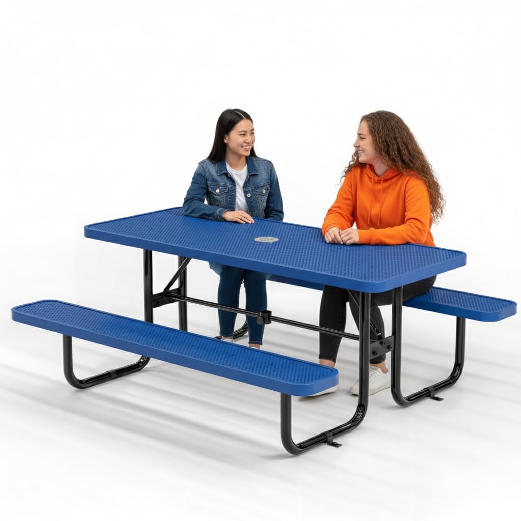 Commercial Heavy-Duty Metal Picnic Table - ADA Compliant, Adjustable Seats, Umbrella Hole (Blue, 6' Rectangular, Punched Steel)