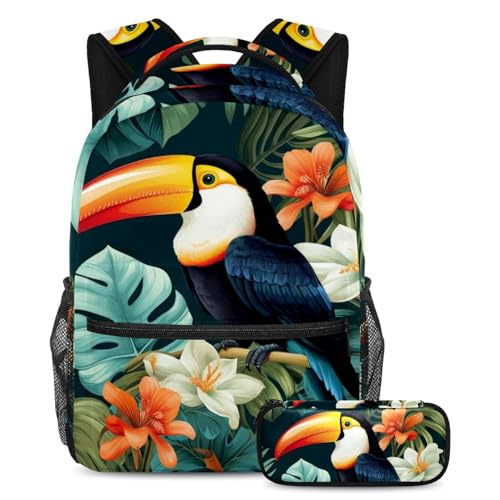 Sac d'école Toucans pour adolescents, grand sac à dos fille et garçon avec trousse