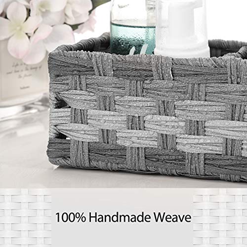 [Larger Compartments] Toilet Tank Topper Paper Basket - Multiuse Hand Woven Plastic Wicker Basket With Divider For Organizing, Rustic Farmhouse Bathroom Decor, Countertop Organizer Storage, Grey #TOP3