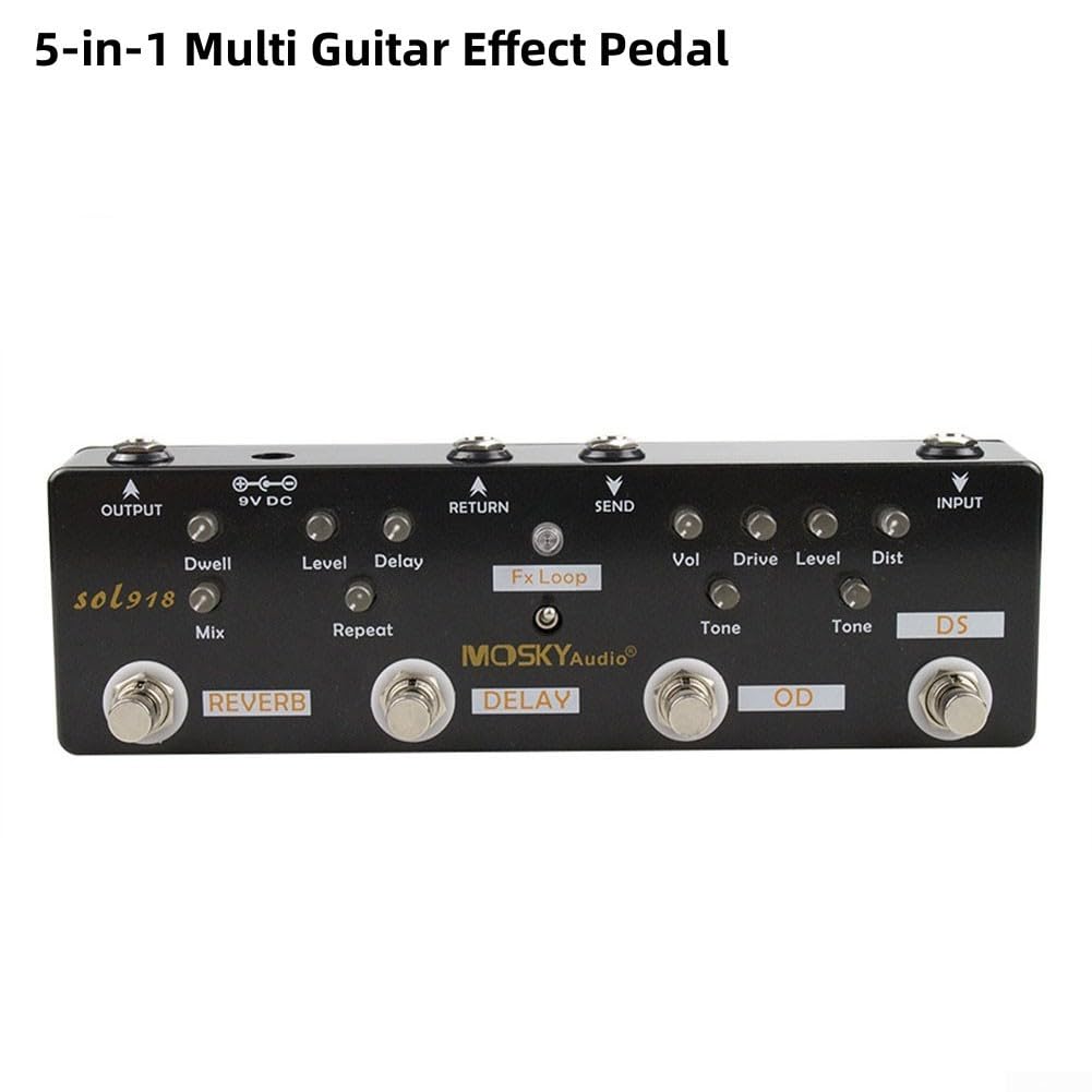 5-in-1 Gitarren-Multi-Effektpedal mit Distortion Overdrive Delay Reverb und Loop True Bypass für E-Gitarrenverstärker Schwarz