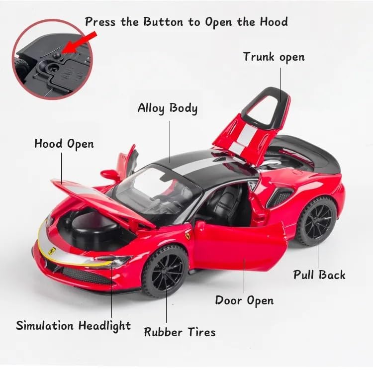 Image of 1:32 Scale Ferrari SF90 Toy Car | Metal Pullback Diecast Car for Kids with Openable Doors, Sound, Light Effects Toy for Car Enthusiasts (Color As Per Available), Red