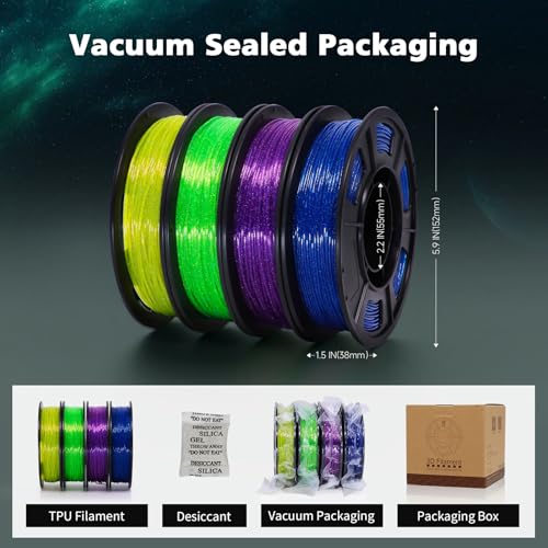Image of YOUSU Transparent Galaxy TPU Filament 1.75mm Bundle, 95A (42D) Flexible Soft 3D Printer Filament, Transparent Clear TPU Galaxy with Starry Sparkle Effect,250g Spool,4 Rolls,Blue+Purple+Yellow+Green
