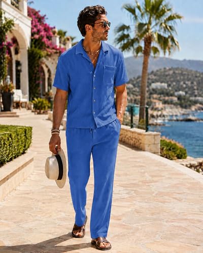 Image of Men's 2 Piece Sets Summer Beach Outfits Button Down Shirt Casual Loose Pant Sets
