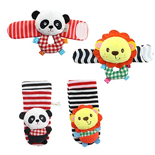 YeahiBaby El juguete animal de las muñecas de la felpa suave 4PCS y los calcetines del buscador del pie fijaron el mejor juguete educativo temprano del desarrollo del regalo para los bebés y las muchachas infantiles del bebé (león y panda)