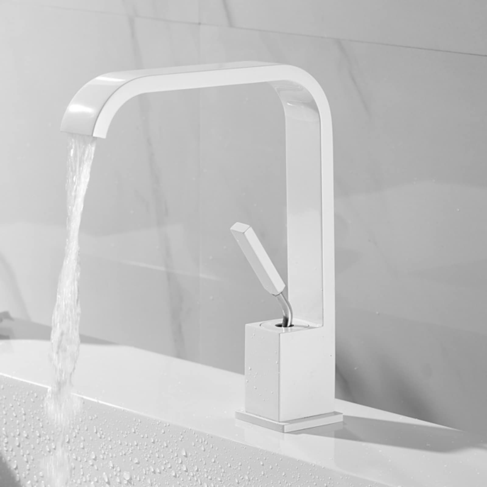 VDOQTLJT Bathroom Sink Faucets Waterfall Basin Single Hole Cold and Hot Water Brass Handle Faucet for Wash Basin-Gold(Blanc)