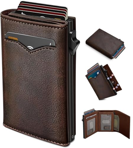 Image of miyozi Wallet for Men,with Cash Pocket 2 ID Window 9-13 Cards,Metal Case Smart Slim Pop Up Credit Card Holder Flip with Magnetic Closure RFID Blocking Trifold wallet with Gift Box